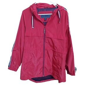 Tommy Hilfiger Windbreaker Jacket Mens Red Lightweight Hoodie Logo Pockets Sz M